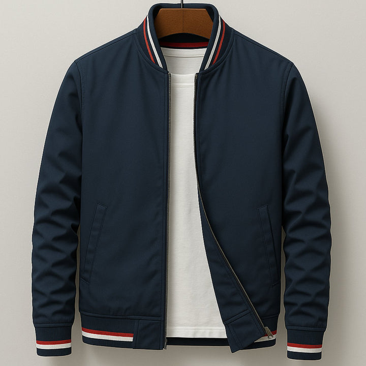 Men's Slim-Fit Zip-Up Bomber Jacket Striped Ribbed Trim - Navy Blue