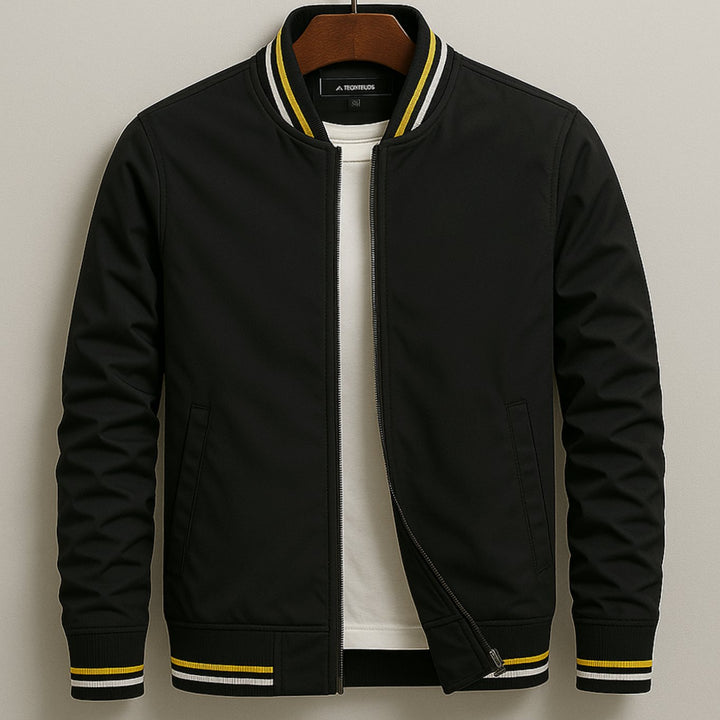 Men's Slim-Fit Zip-Up Bomber Jacket Striped Ribbed Trim - Black