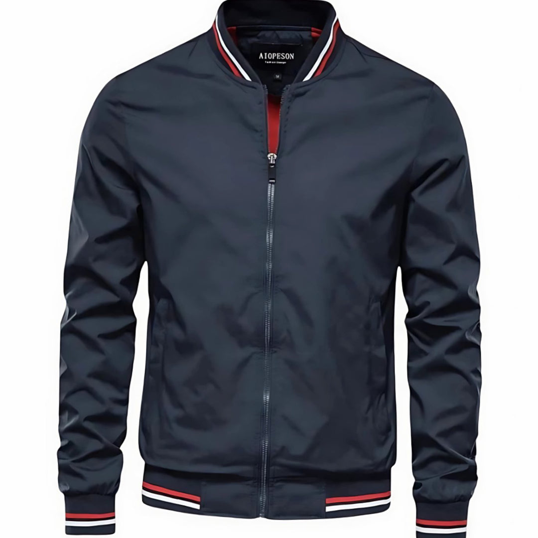 Men's Striped-Trim Zip-Up Bomber Jacket, Navy Blue - Blue