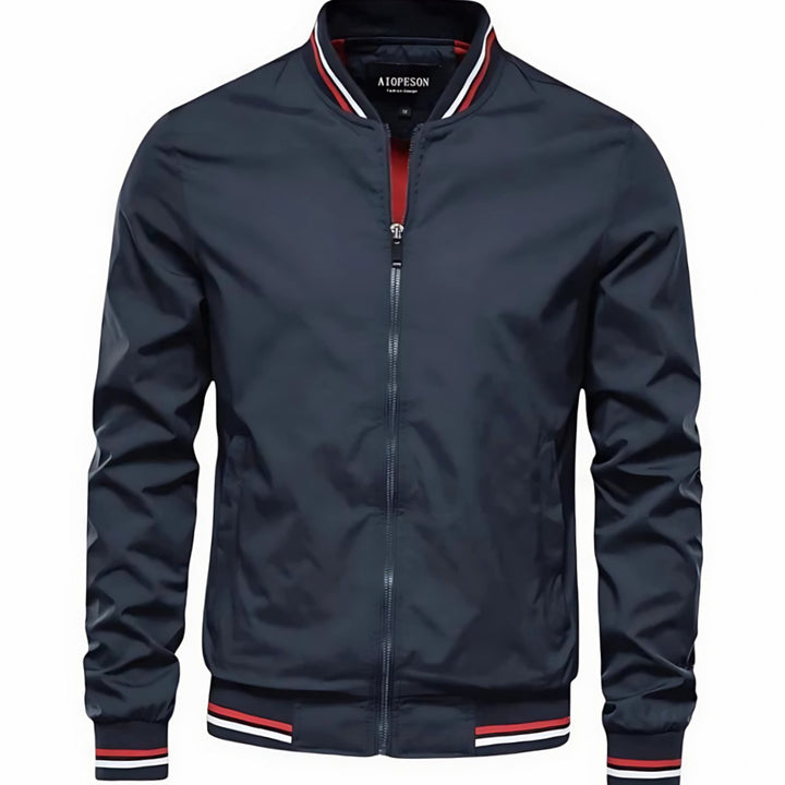 Men's Striped-Trim Zip-Up Bomber Jacket, Navy Blue - Blue