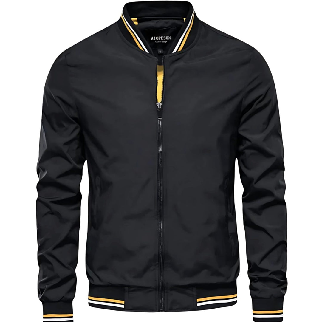Men's Striped-Trim Zip-Up Bomber Jacket, Navy Blue - Black