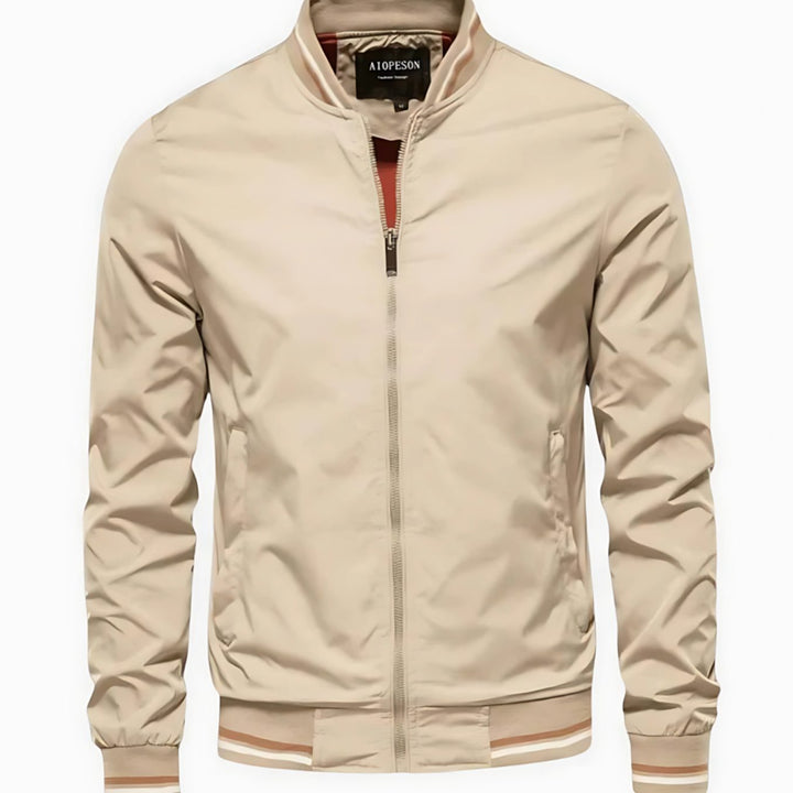Men's Striped-Trim Zip-Up Bomber Jacket, Navy Blue - Beige
