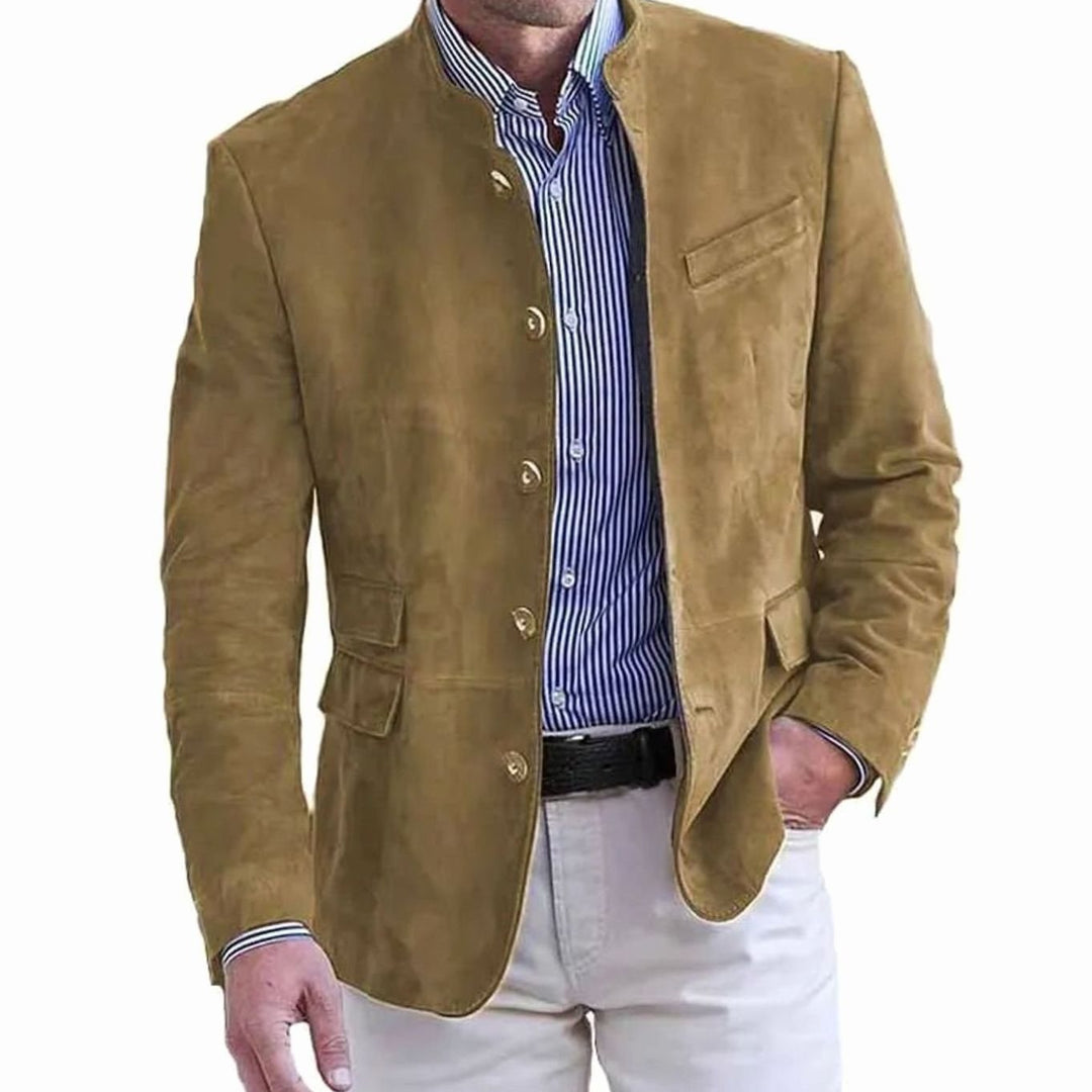 Men's Suede-Effect Mandarin-Collar Button-Up Blazer Jacket - Khaki