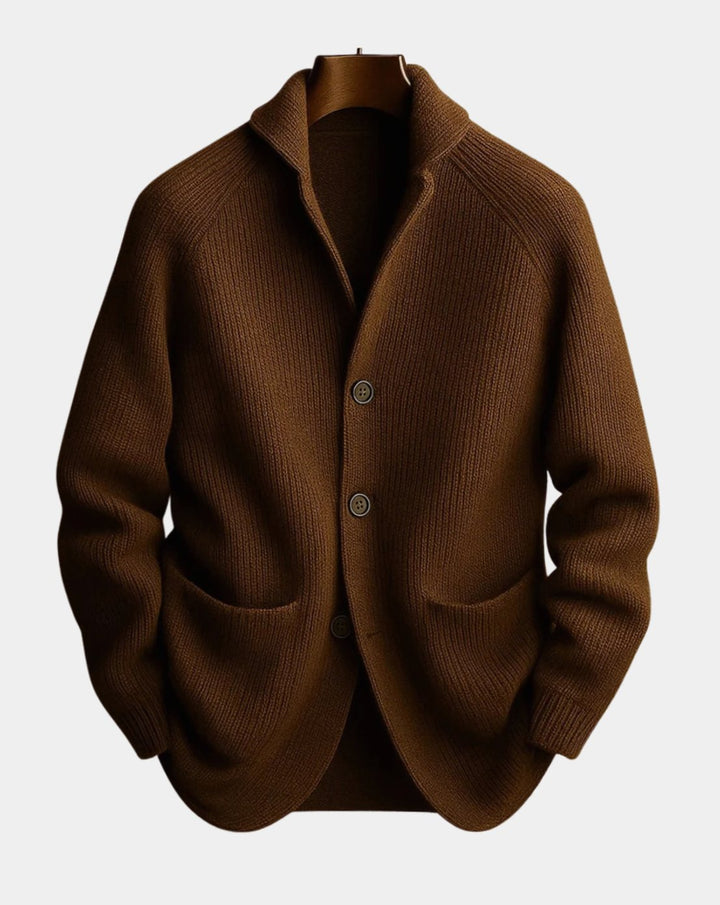 Men's Tailored Button-Front Ribbed Knit Cardigan - Brown
