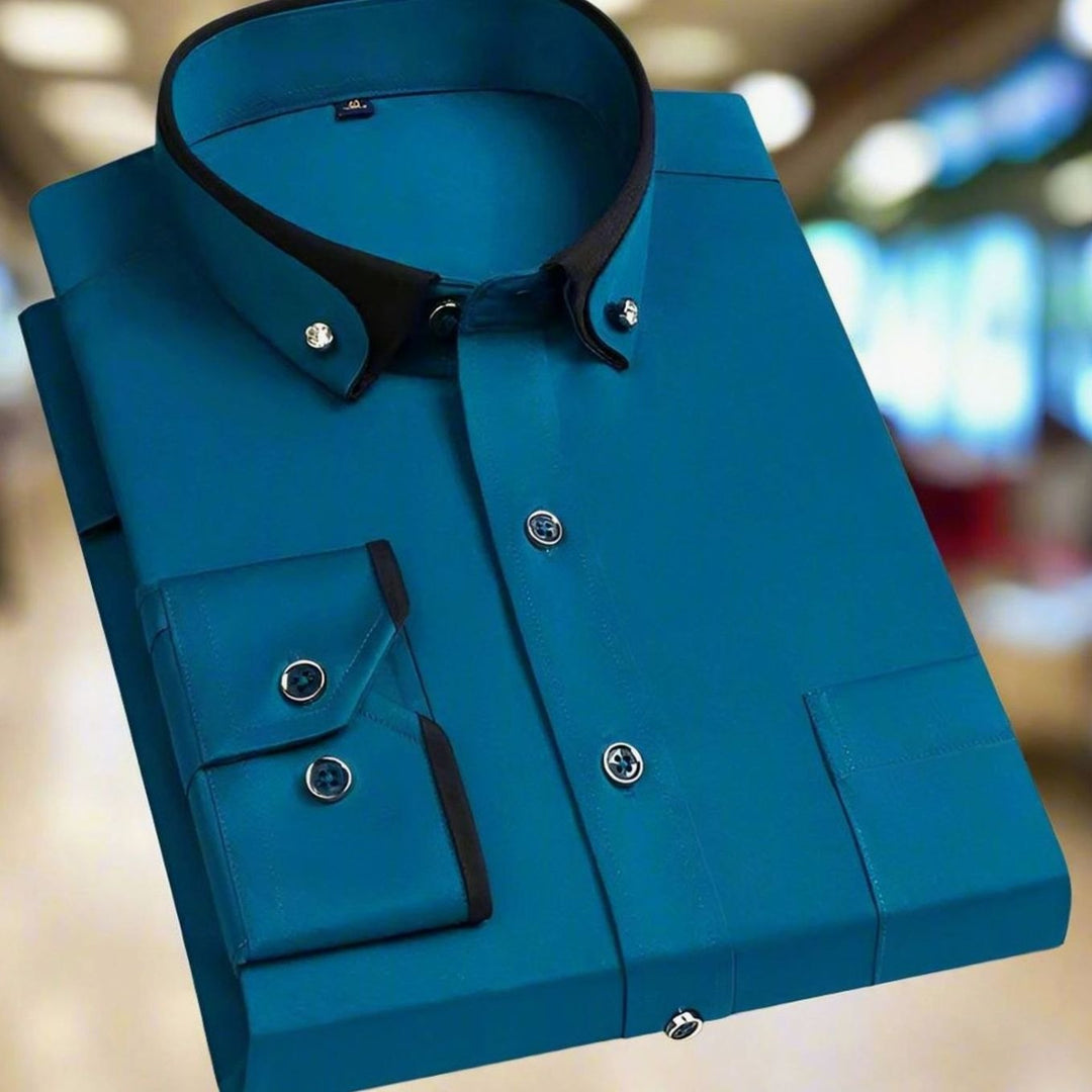 Men's Tailored-Fit Long-Sleeve Contrast-Collar Button-Down Shirt - Turquoise Blue
