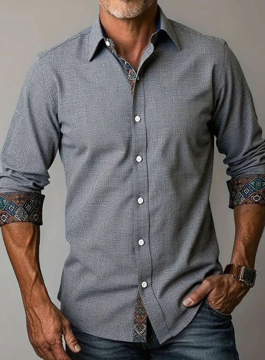 Men's Tailored Slim-Fit Contrast-Cuff Button-Up Shirt - Grey