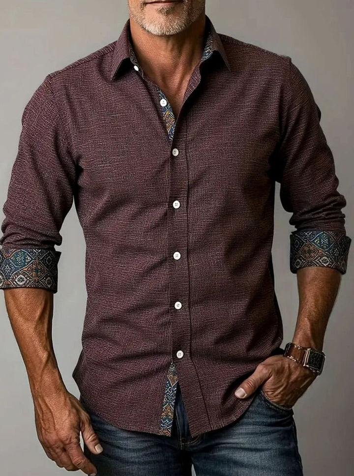 Men's Tailored Slim-Fit Contrast-Cuff Button-Up Shirt - Burgundy