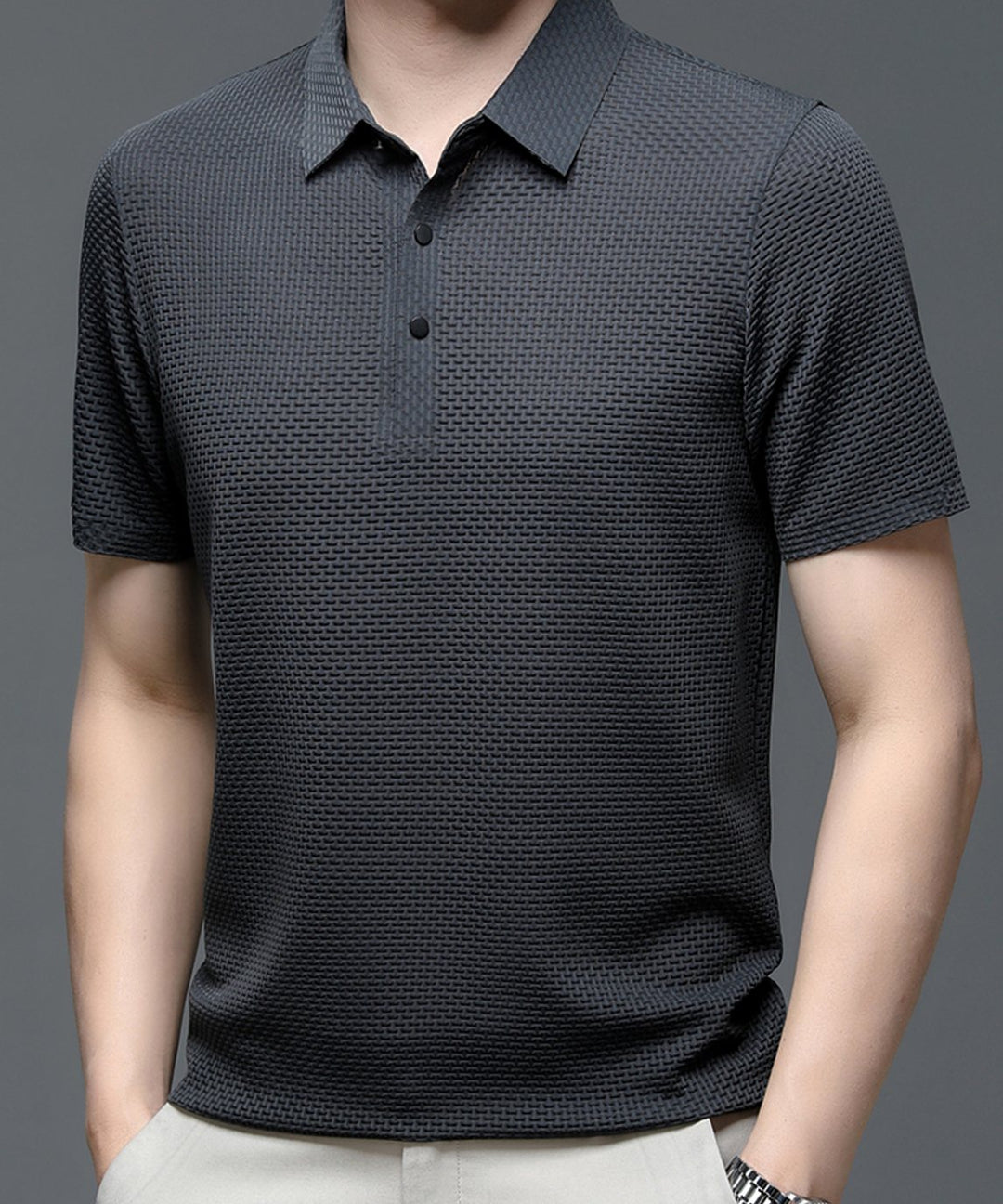 Men's Textured Breathable Button-Up Polo Shirt