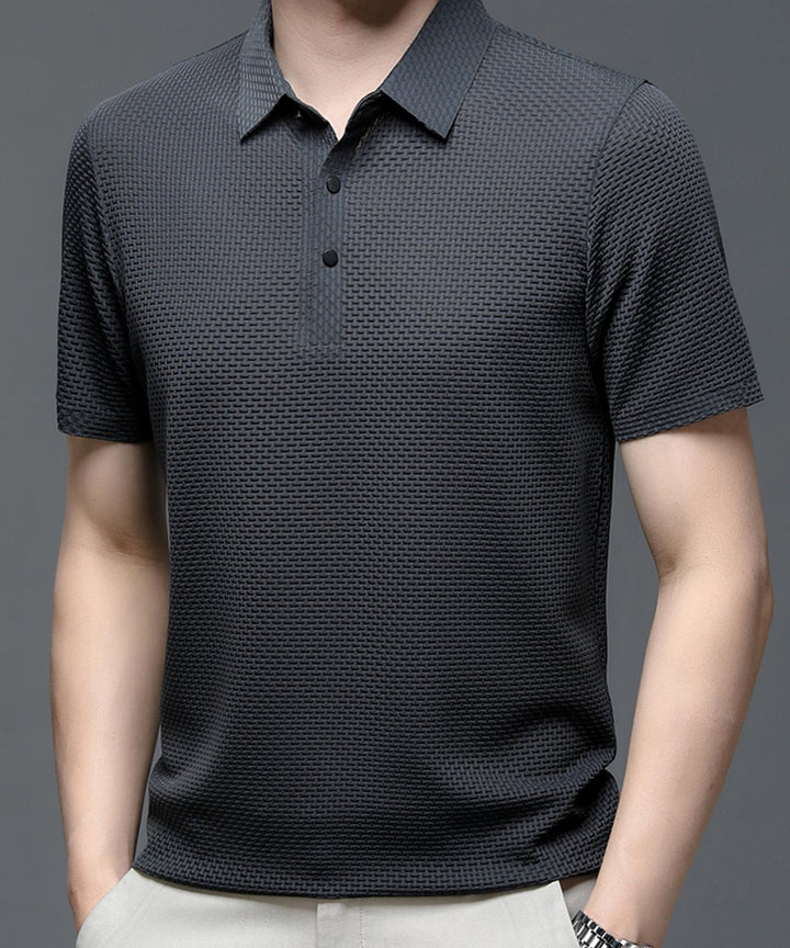 Men's Textured Breathable Button-Up Polo Shirt