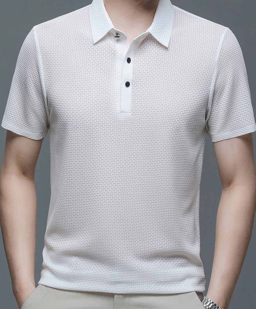 Men's Textured Breathable Button-Up Polo Shirt
