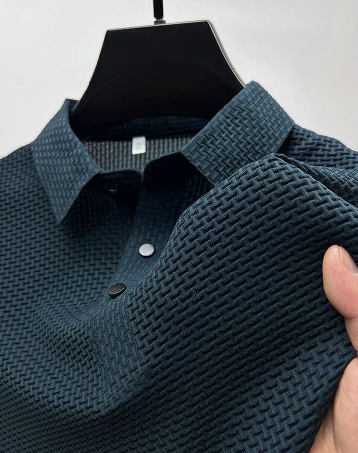 Men's Textured Breathable Button-Up Polo Shirt - Navy Blue