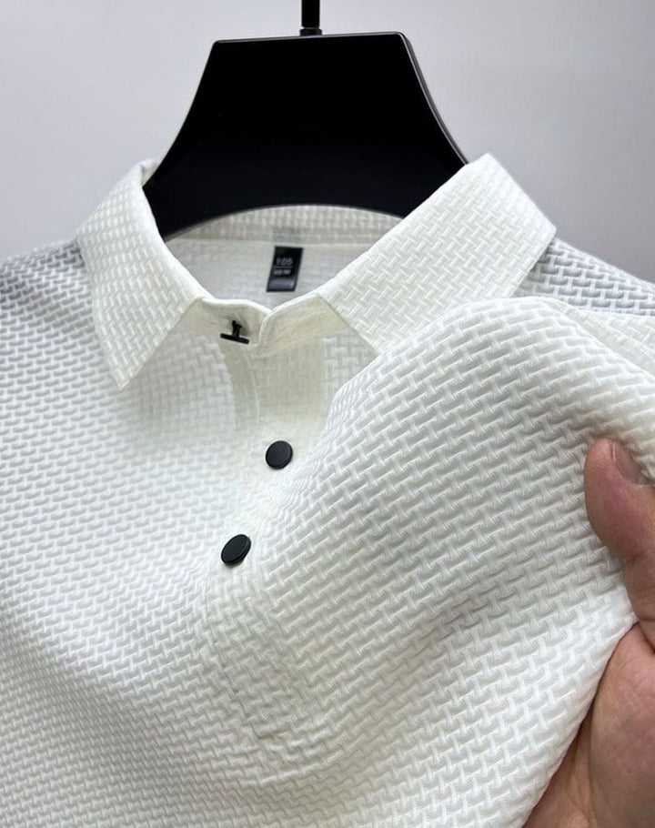 Men's Textured Breathable Button-Up Polo Shirt - White