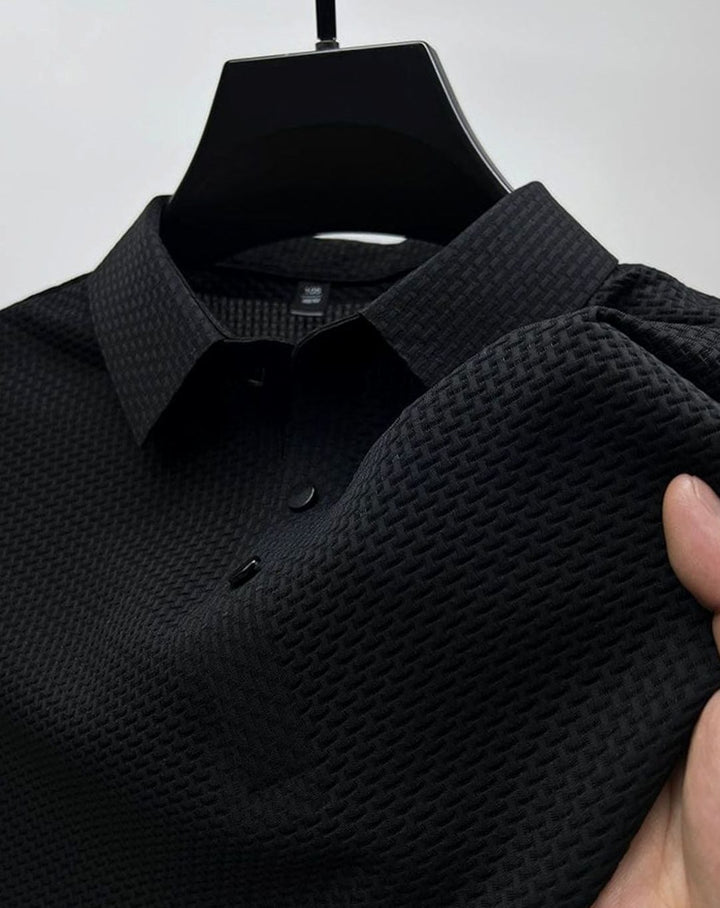 Men's Textured Breathable Button-Up Polo Shirt - Black