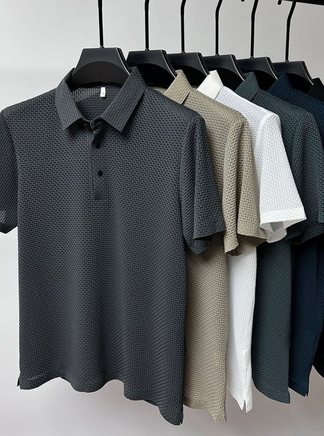Men's Textured Breathable Button-Up Polo Shirt