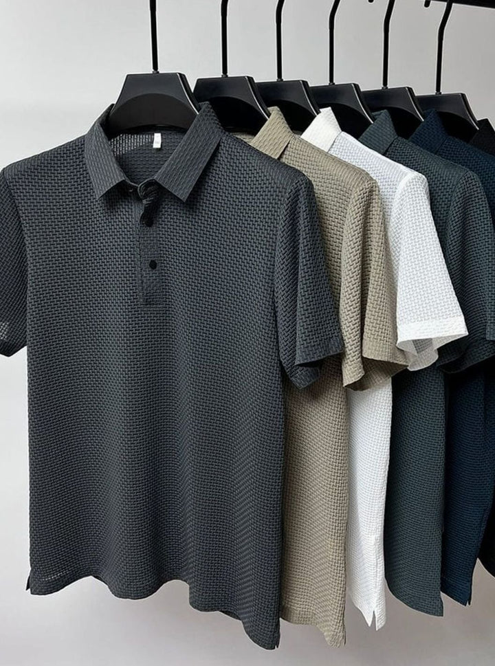 Men's Textured Breathable Button-Up Polo Shirt