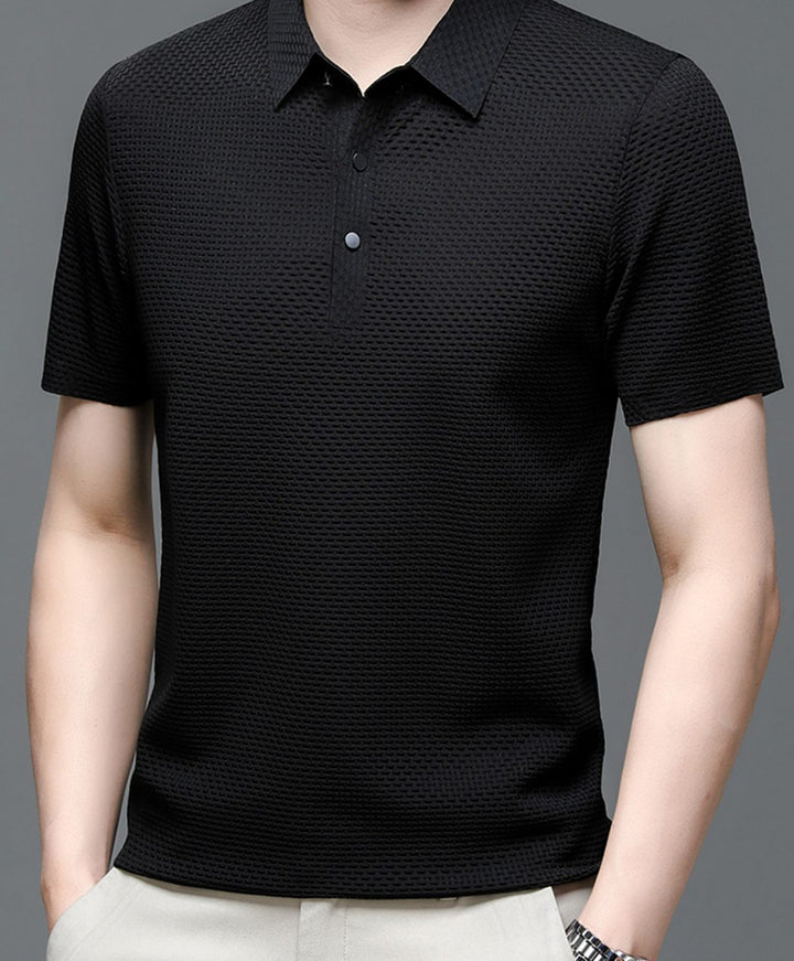Men's Textured Breathable Button-Up Polo Shirt
