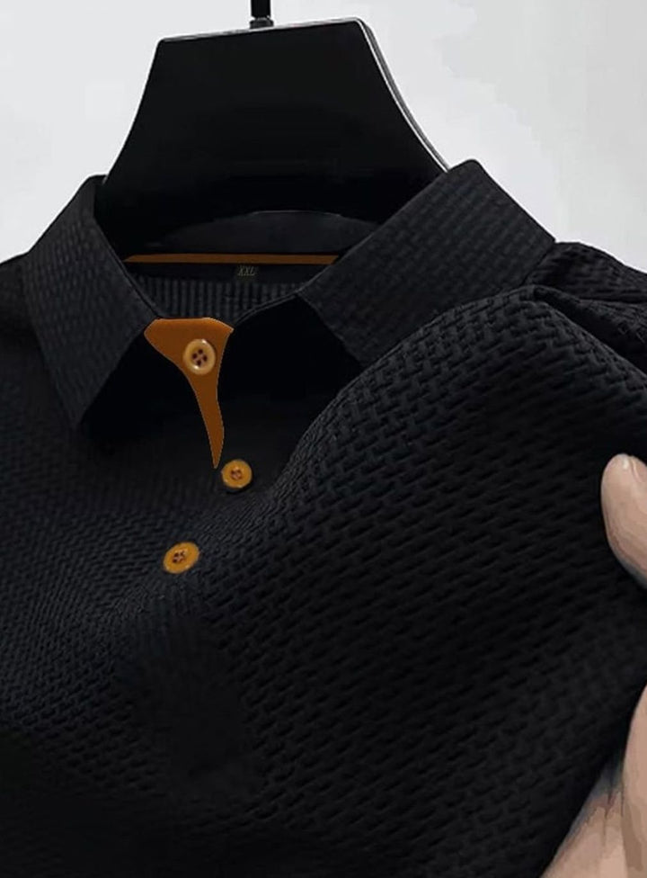 Men's Textured Button-Placket Smart Polo Shirt - Black