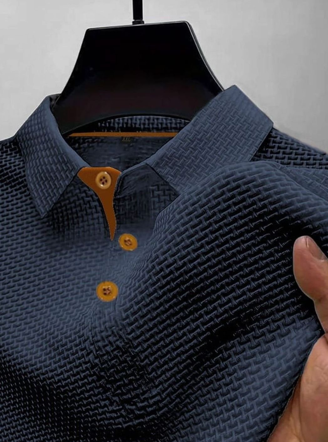 Men's Textured Button-Placket Smart Polo Shirt - Dark Blue