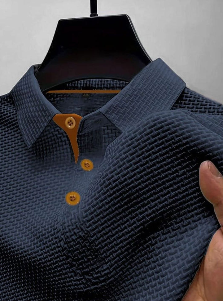 Men's Textured Button-Placket Smart Polo Shirt - Dark Blue