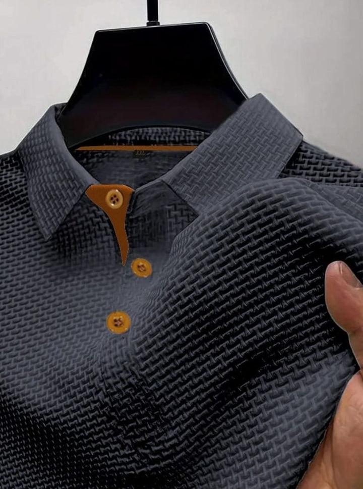 Men's Textured Button-Placket Smart Polo Shirt - Dark Grey