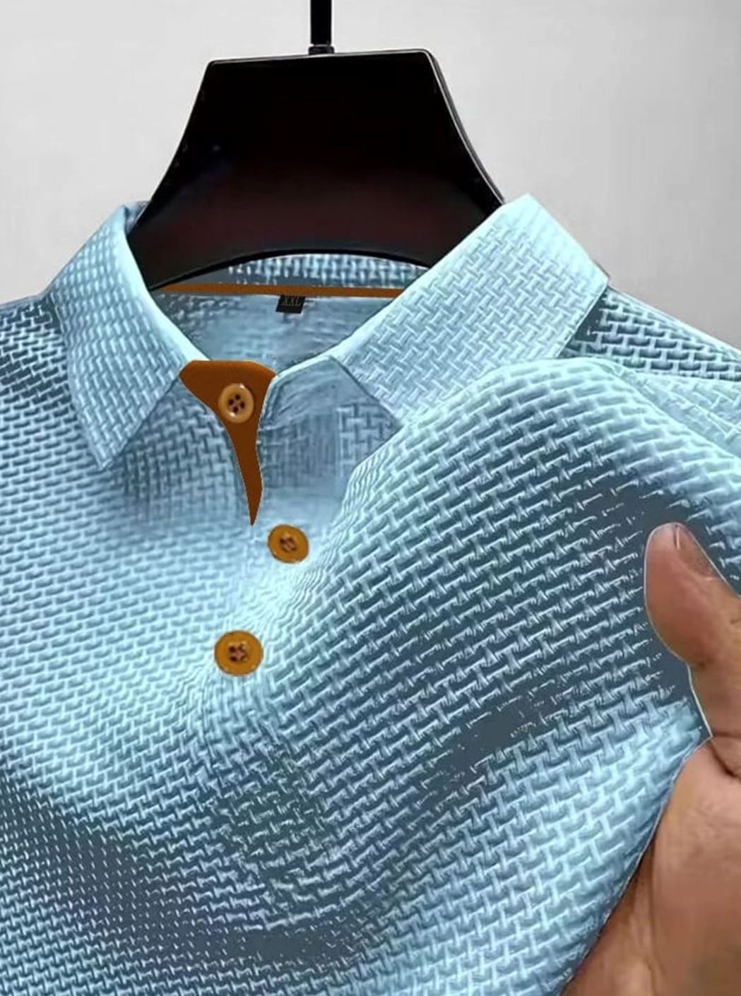 Men's Textured Button-Placket Smart Polo Shirt - Light Blue