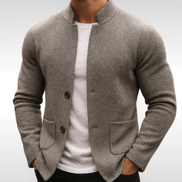 Men's Textured Knit Mandarin-Collar Button-Front Cardigan - Grey