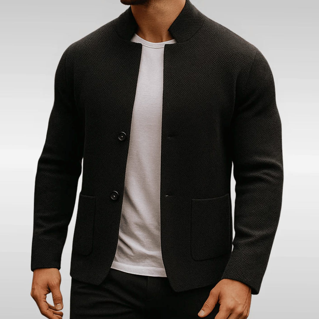 Men's Textured Knit Mandarin-Collar Button-Front Cardigan - Black