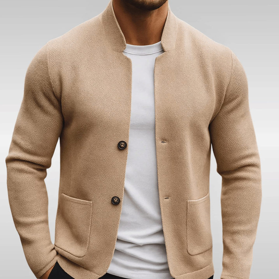 Men's Textured Knit Mandarin-Collar Button-Front Cardigan - Beige