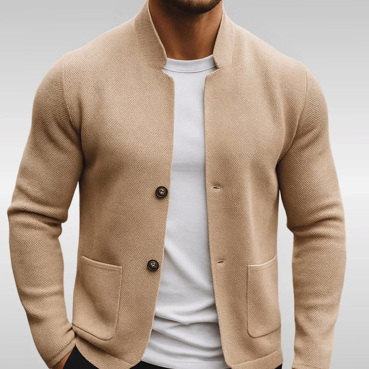 Men's Textured Knit Mandarin-Collar Button-Front Cardigan - Beige