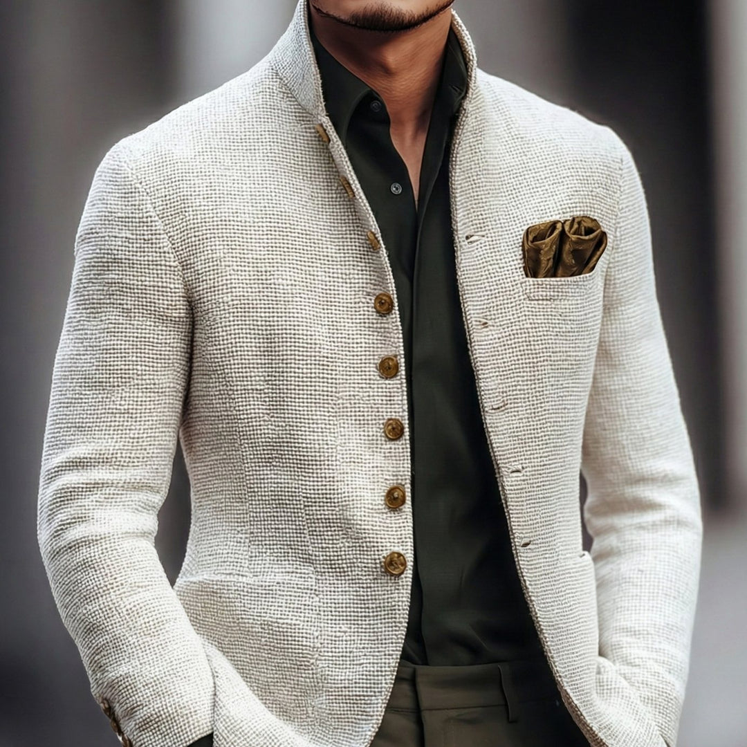 Men's Textured Weave Stand-Collar Single-Breasted Blazer Cardigan - White