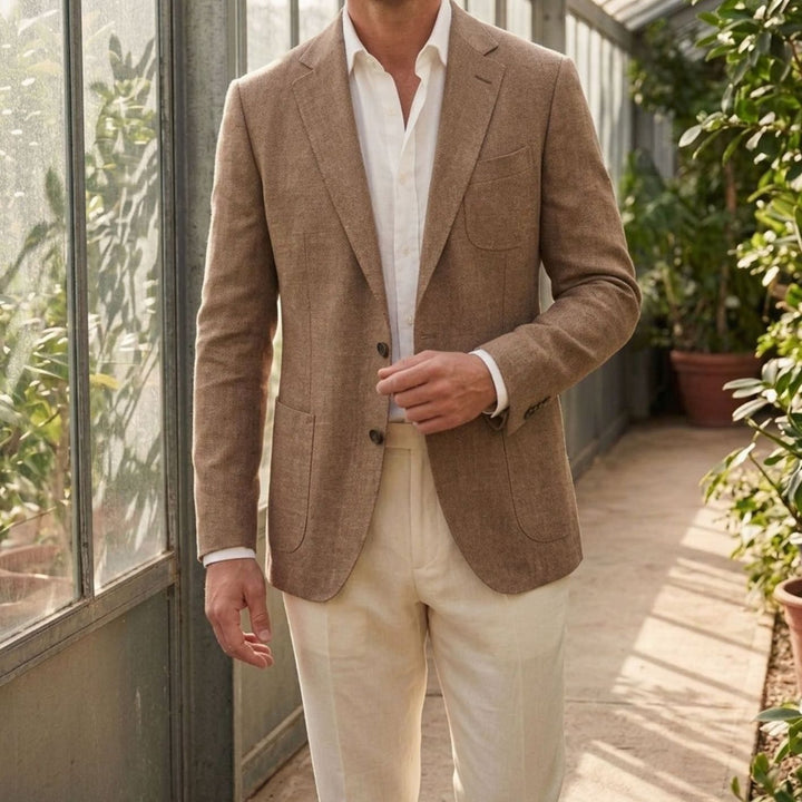 Men's Unstructured Linen Two-Button Relaxed Blazer - Beige