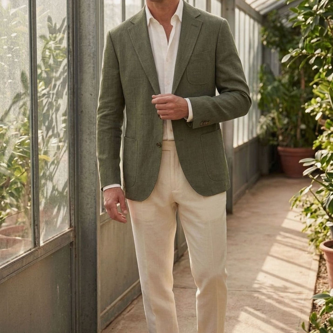 Men's Unstructured Linen Two-Button Relaxed Blazer - Green