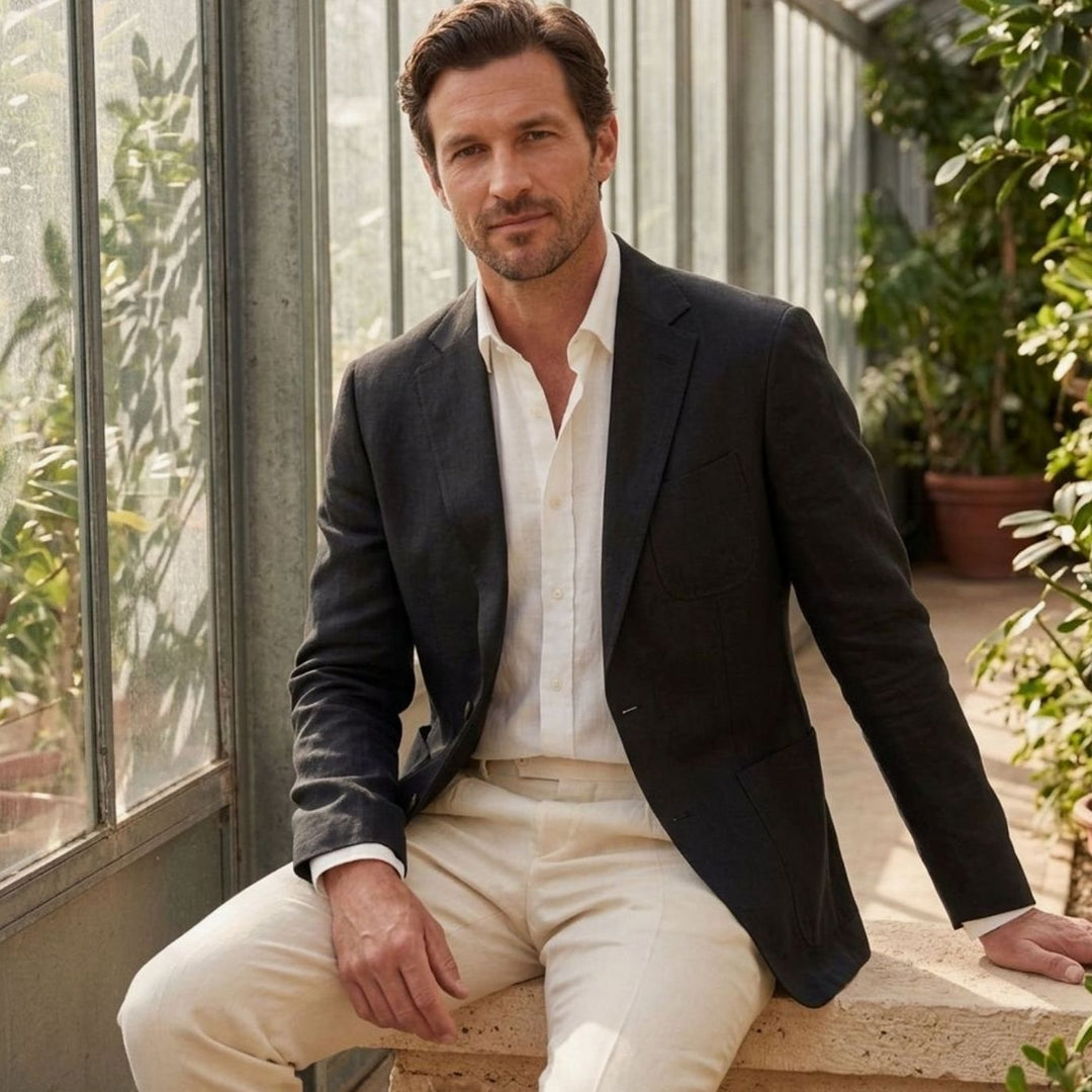 Men's Unstructured Linen Two-Button Relaxed Blazer - Black