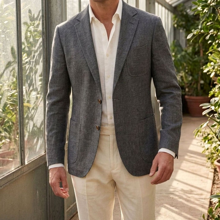 Men's Unstructured Linen Two-Button Relaxed Blazer - Dark Grey