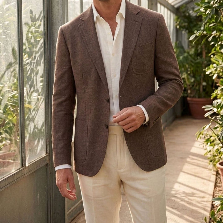 Men's Unstructured Linen Two-Button Relaxed Blazer - Brown