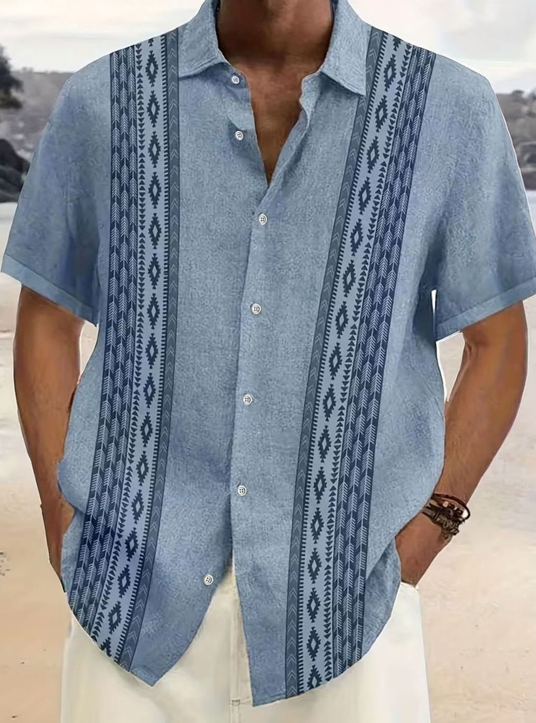 Men's Vintage Geometric Print Relaxed-Fit Short-Sleeve Shirt - Blue