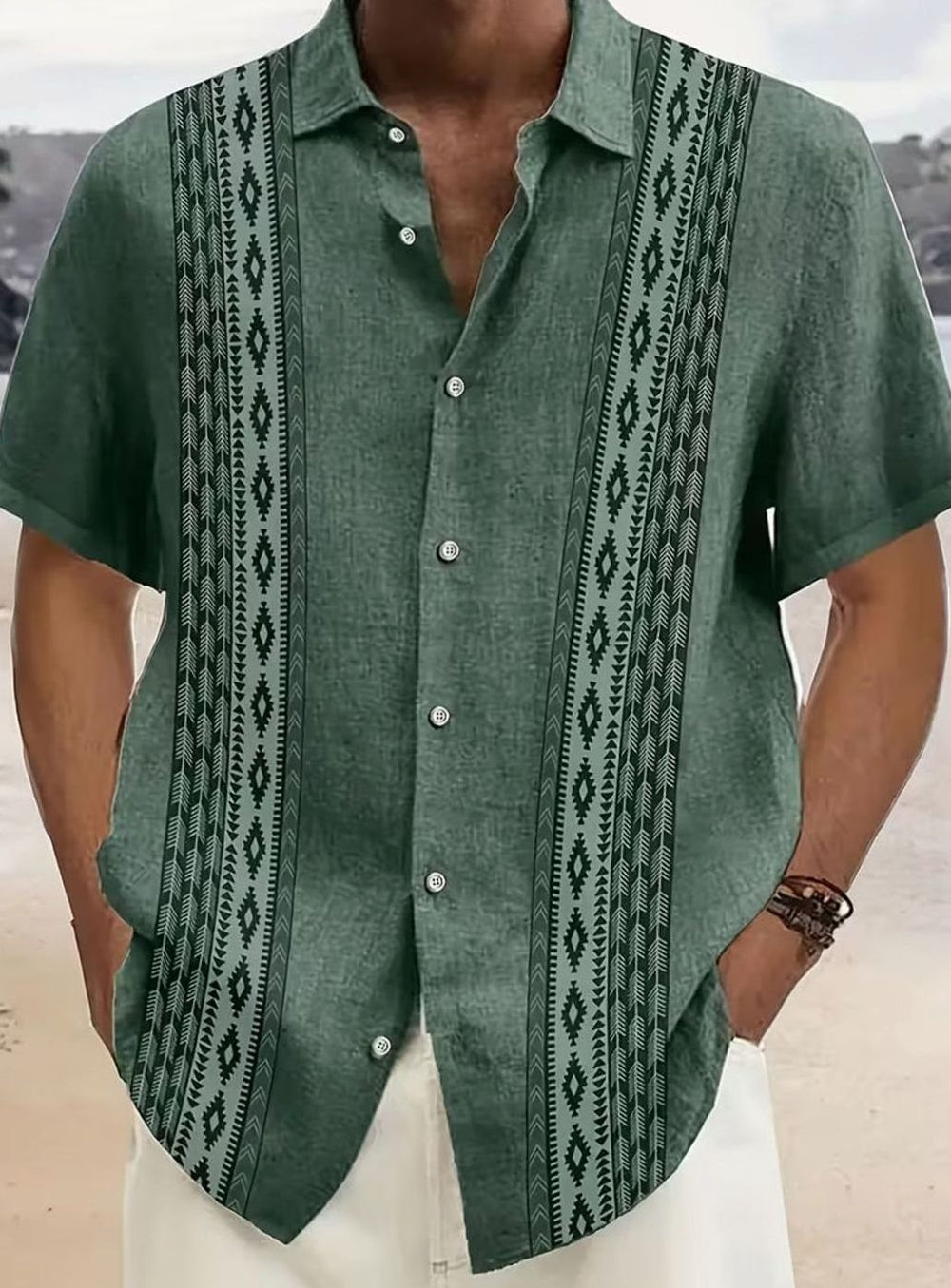 Men's Vintage Geometric Print Relaxed-Fit Short-Sleeve Shirt - Green