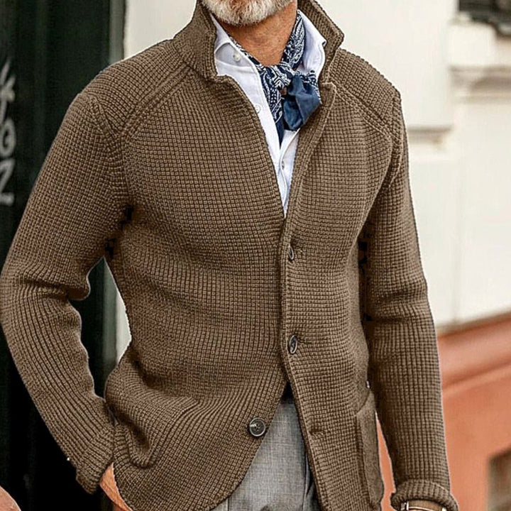 Men's Waffle-Knit Button-Up Cardigan Blazer Jacket - Brown