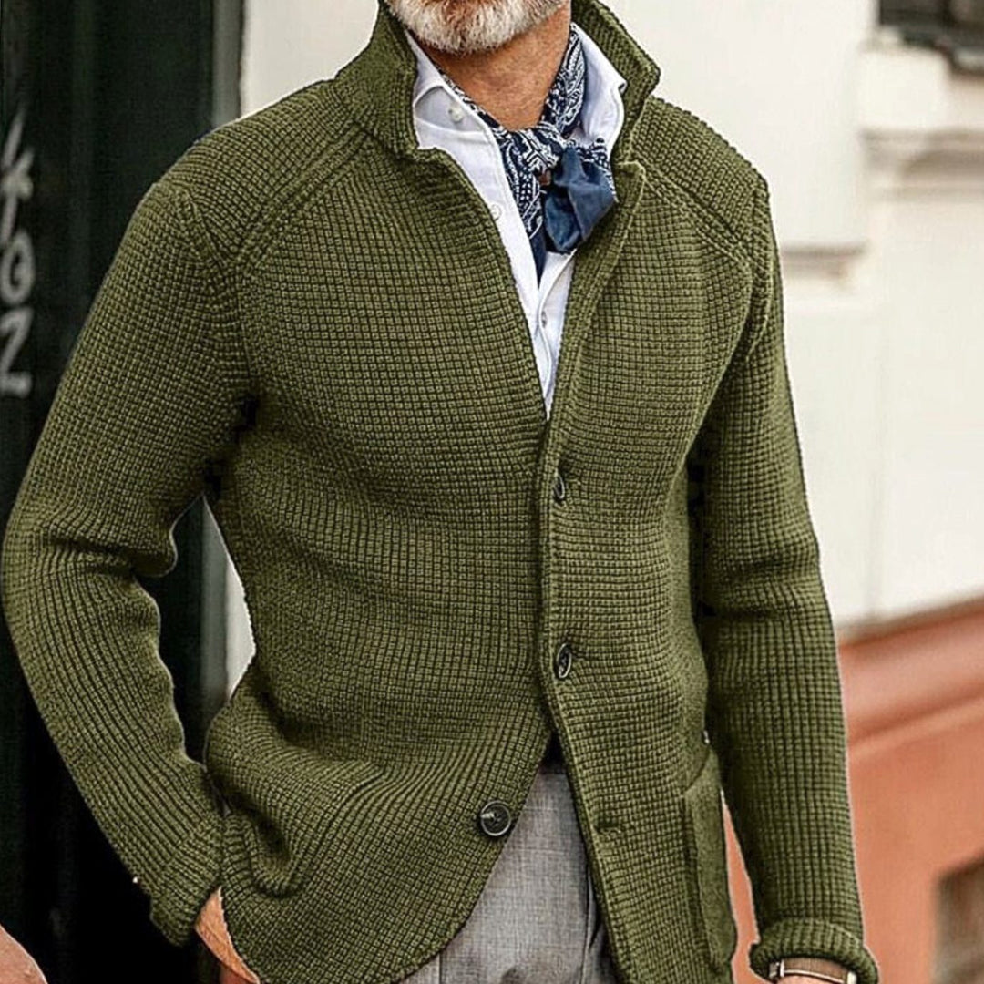 Men's Waffle-Knit Button-Up Cardigan Blazer Jacket - Green