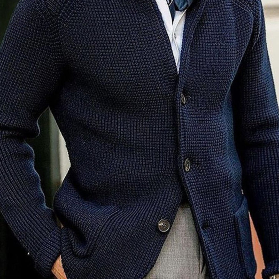 Men's Waffle-Knit Button-Up Cardigan Blazer Jacket - Blue