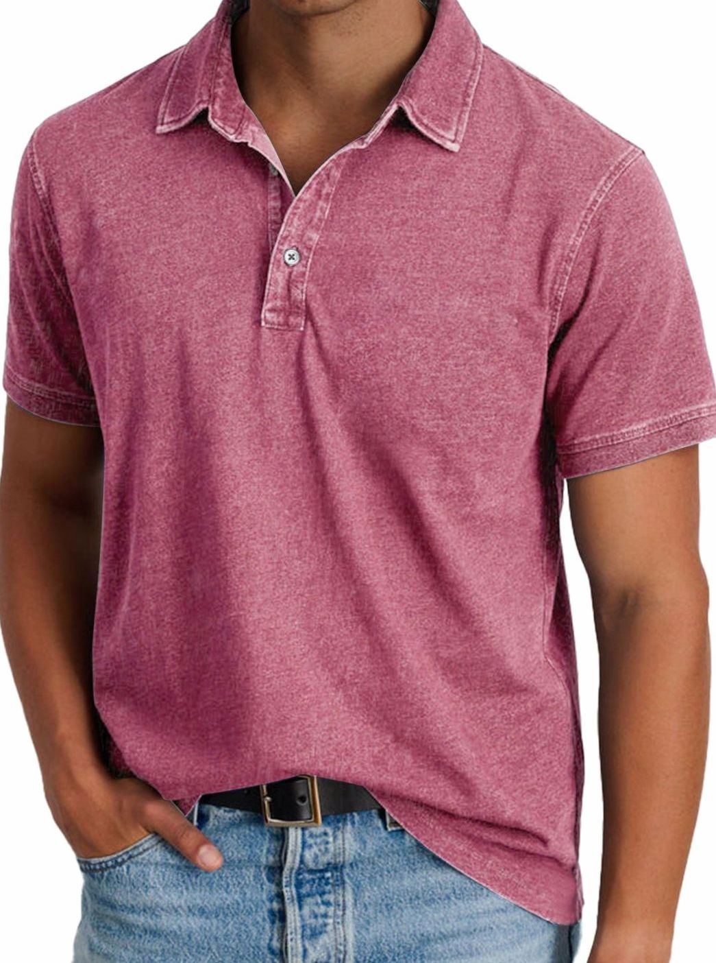 Men's Washed Cotton Short-Sleeve Polo Shirt - Pink