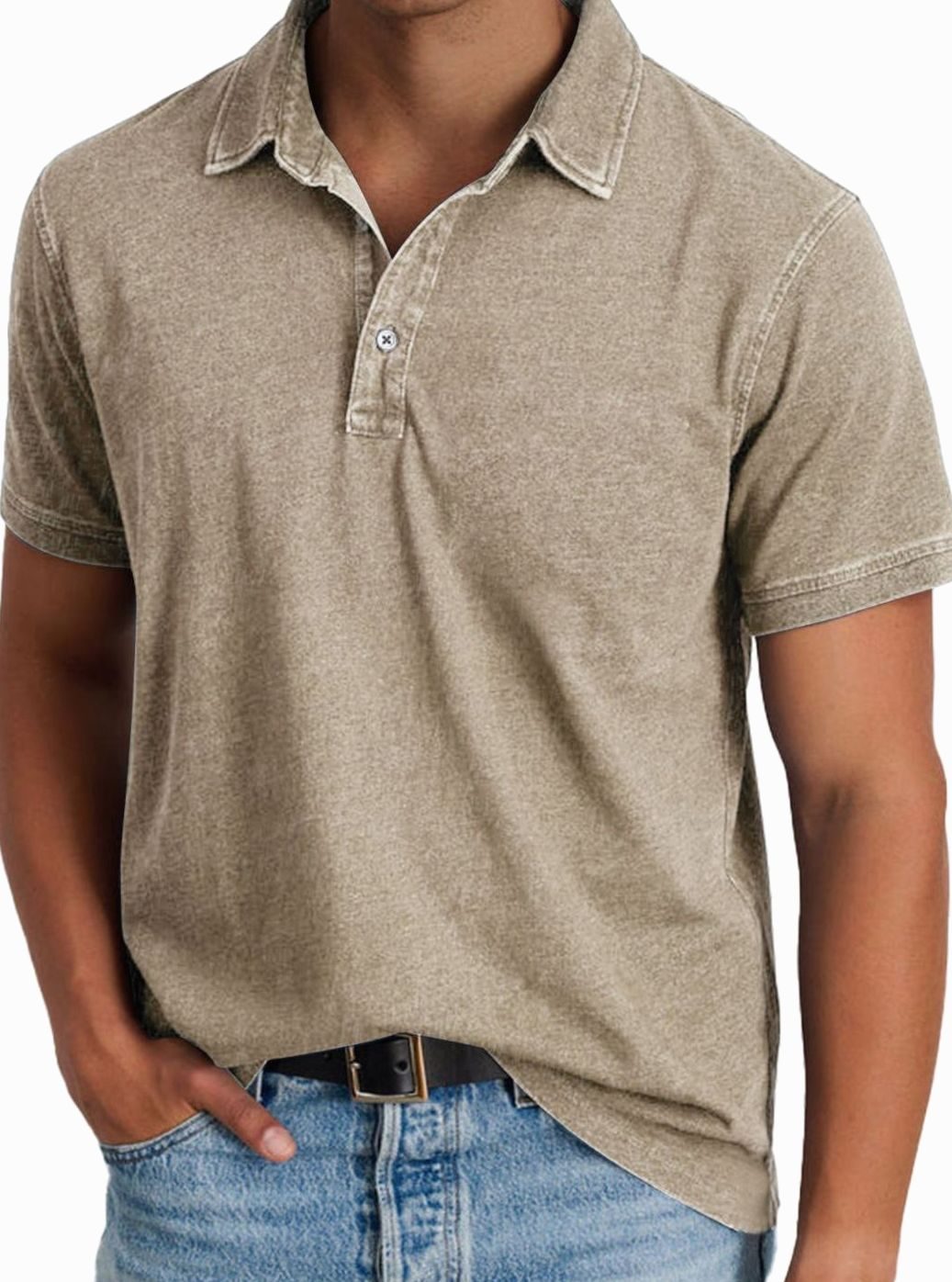 Men's Washed Cotton Short-Sleeve Polo Shirt - Khaki