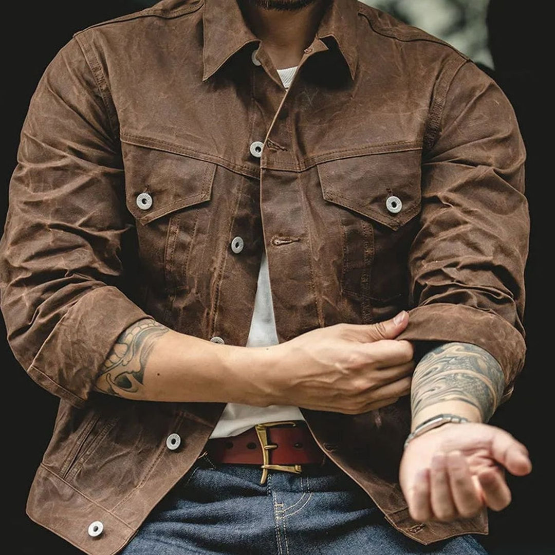 Men's Waxed Cotton Lined Cruiser Jacket Chest Pockets - Brown