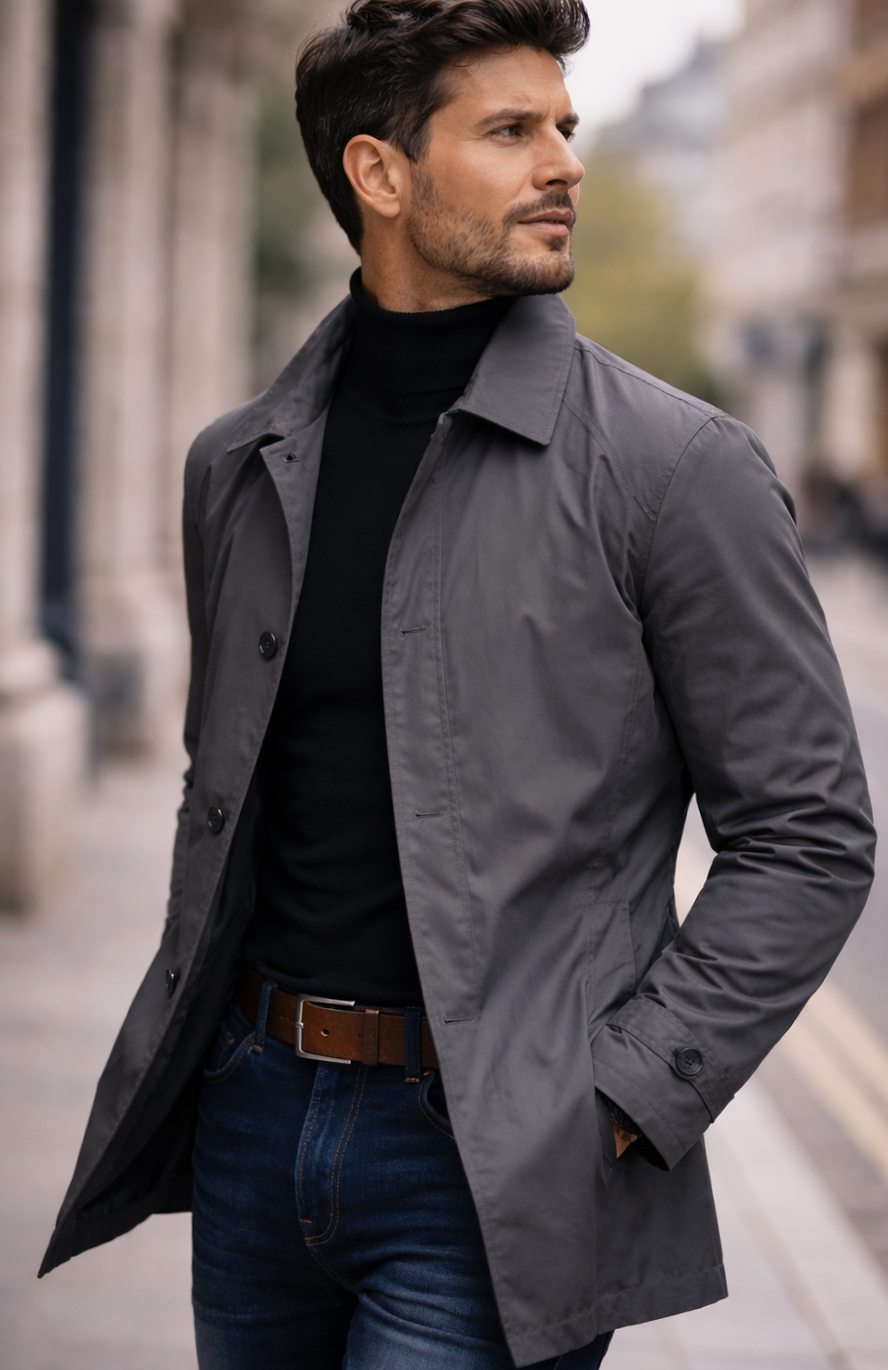 Men's Weather-Resistant Relaxed-Fit Button-Up Overcoat