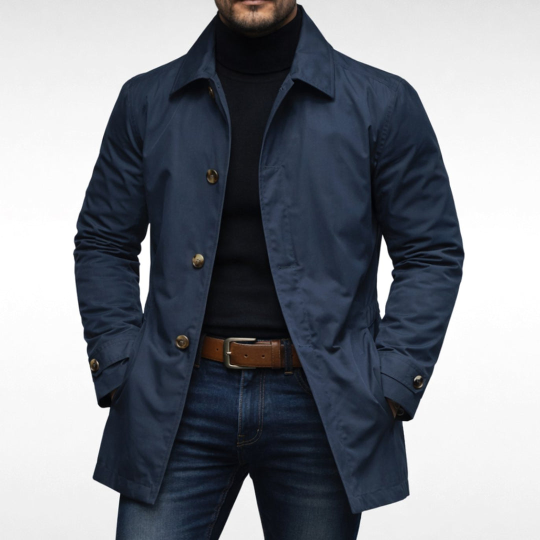 Men's Weather-Resistant Relaxed-Fit Button-Up Overcoat - Navy Blue