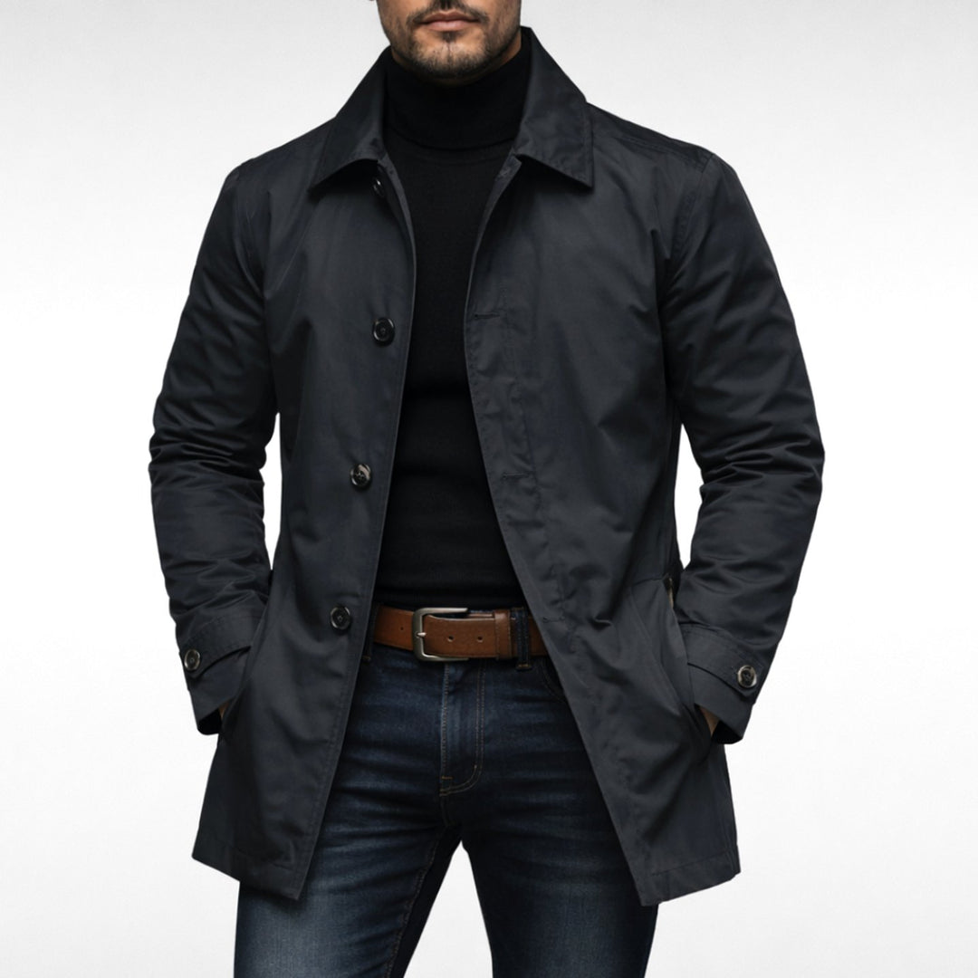 Men's Weather-Resistant Relaxed-Fit Button-Up Overcoat - Black