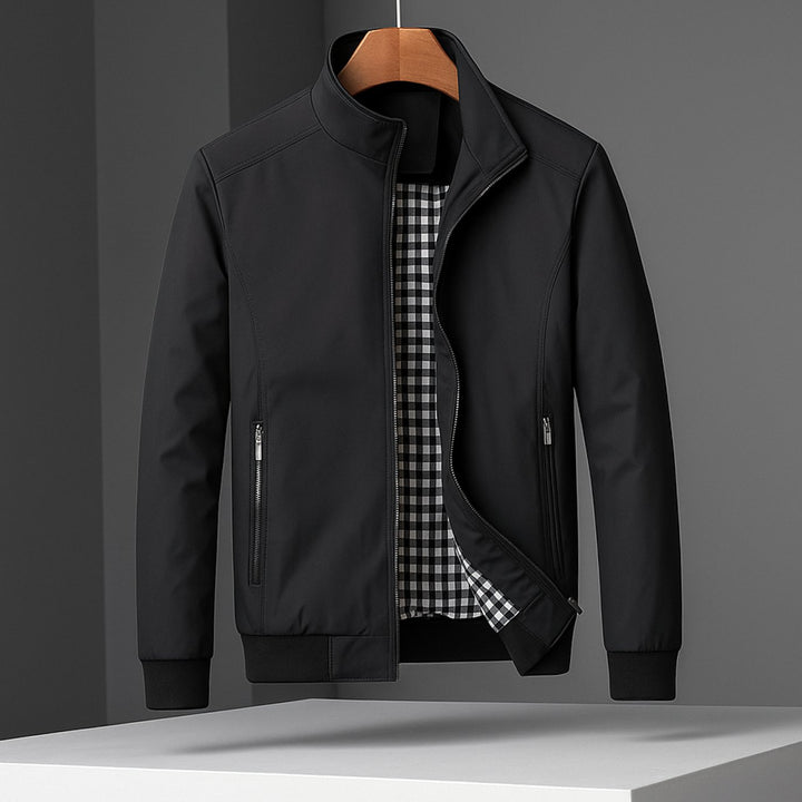 Men's Weather-Resistant Zip-Up Bomber Jacket Checked Lining - Black
