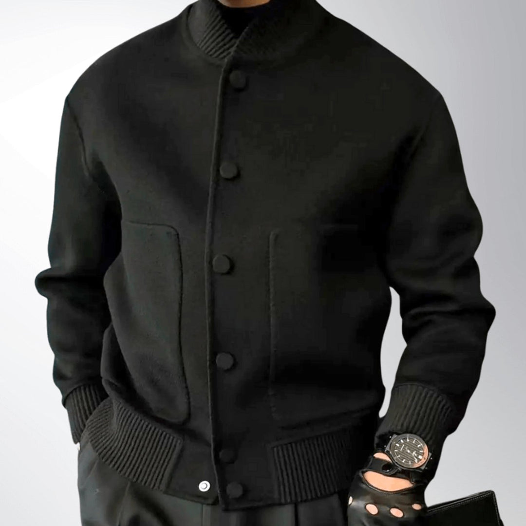 Men's Wool-Blend Button-Up Varsity Jacket Ribbed Cuffs - Black