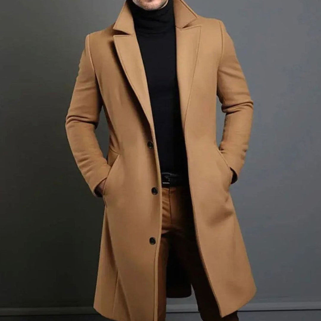 Men's Wool Blend Long Overcoat Notch-Lapel Button-Front - Beige