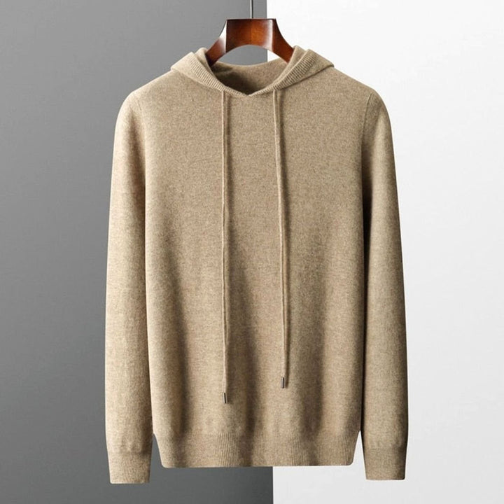 Men's Wool Drawstring Hooded Pullover Jumper - Natural Brown